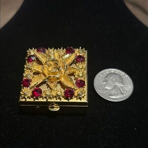 Vintage Gold and Red Floral Pill/Trinket Box